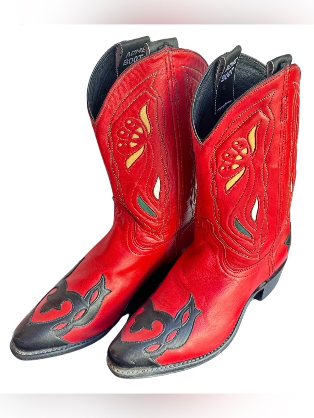 Vintage ACME Red Black Leather Inlay Cowboy Cowgirl Boots Festival Fun Unique